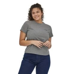 Patagonia W's P-6 Logo Responsibili-Tee - Recycled Cotton & Recycled Polyester -Sportswear Shop ws p 6 logo responsibili tee recycled cotton recycled polyester shirt patagonia gravel heather xs 193134